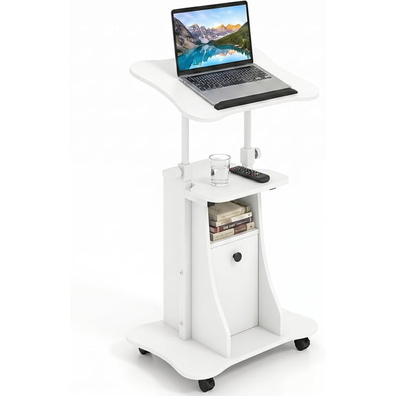 BarefHaven Rolling Lectern Podium Stand, Height Adjustable Laptop Table with Tilting Tabletop & Storage Shelves, Compact Standing Desk with Lockable Casters for Home Office School (White)