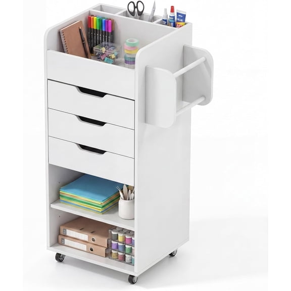 BarefHaven Rolling Storage Cart with Drawers, Wooden Drawer Cart w/Lockable Casters, Utility Storage Cart w/3 Shelves, Slots & Dowels, Mobile Organizer Cabinet on Wheels for Room Office Work Study