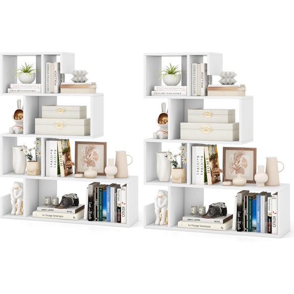 BarefHaven S-Shaped Bookshelf, 5-Tier Modern Geometric Stepped Bookcase with Anti-Tipping Kits, Freestanding Corner Ladder Display Rack for Living Room Home Office (2, White)