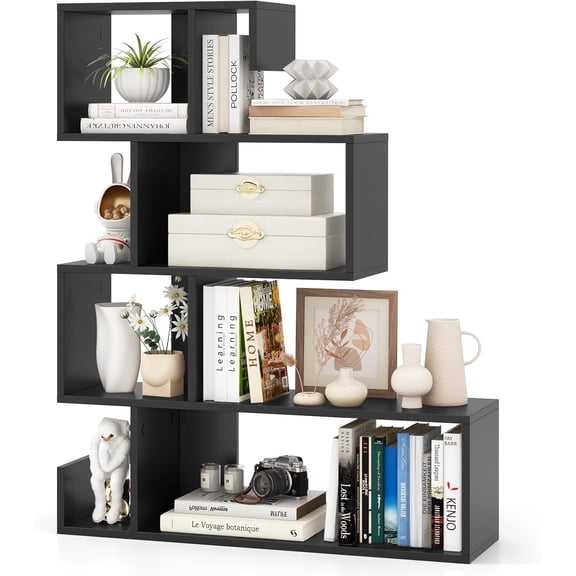 BarefHaven S-Shaped Bookshelf, 5-Tier Modern Geometric Stepped Bookcase with Anti-Tipping Kits, Freestanding Corner Ladder Display Rack for Living Room Home Office (1, Black)