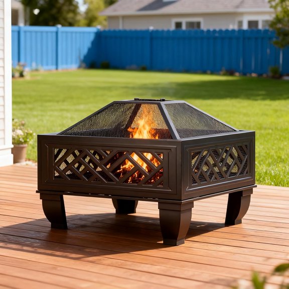 BarefHaven Update Version 26 Inch Wood Burning Fire Pit with Cooking Grill and Spark Screen, Outdoor Metal Firepit for Patio, Backyard, Bonfire Party, Camping and Garden