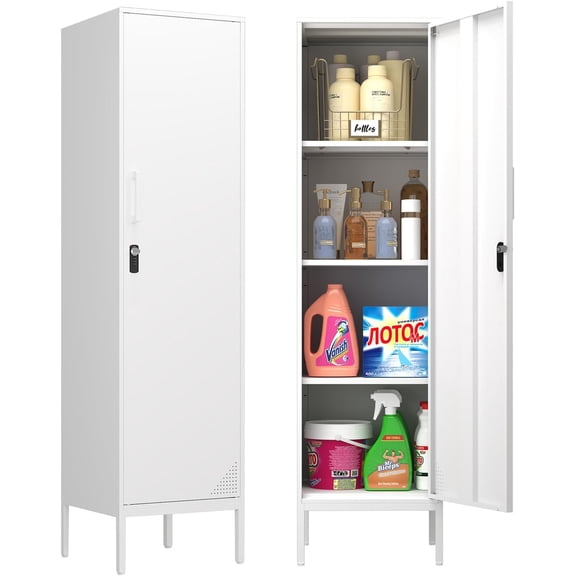 BarefHaven White Metal Locker Cabinet, 59.1" Lockable Storage Locker for Employees with Adjustable Shelves, Locking File Cabinet Door for Office, School, Gym, Garage