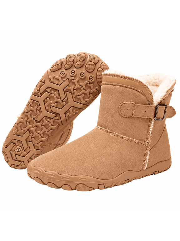 Barefoot Boots for Women, Warm Fur Lined Ankle Boots, Zero Drop Wide Toe Box, Water Resistant Winter Boots with Adjustable Strap