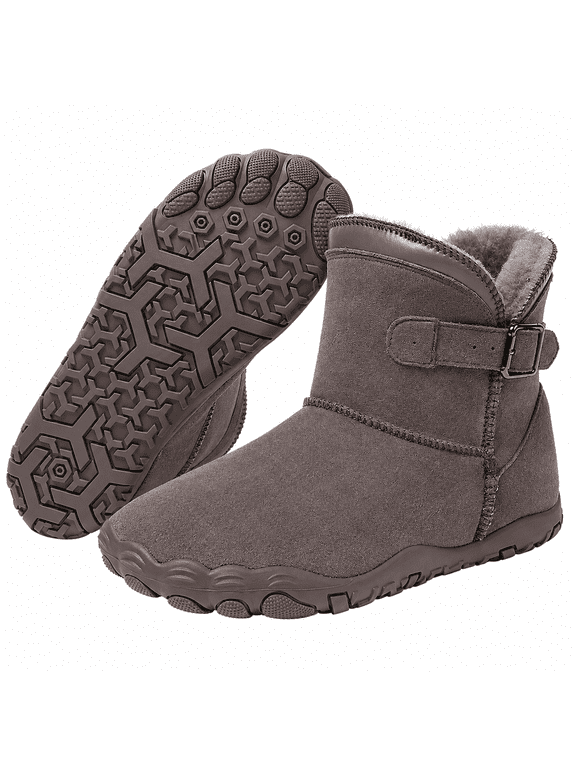 Barefoot Boots for Women, Warm Fur Lined Ankle Boots, Zero Drop Wide Toe Box, Water Resistant Winter Boots with Adjustable Strap