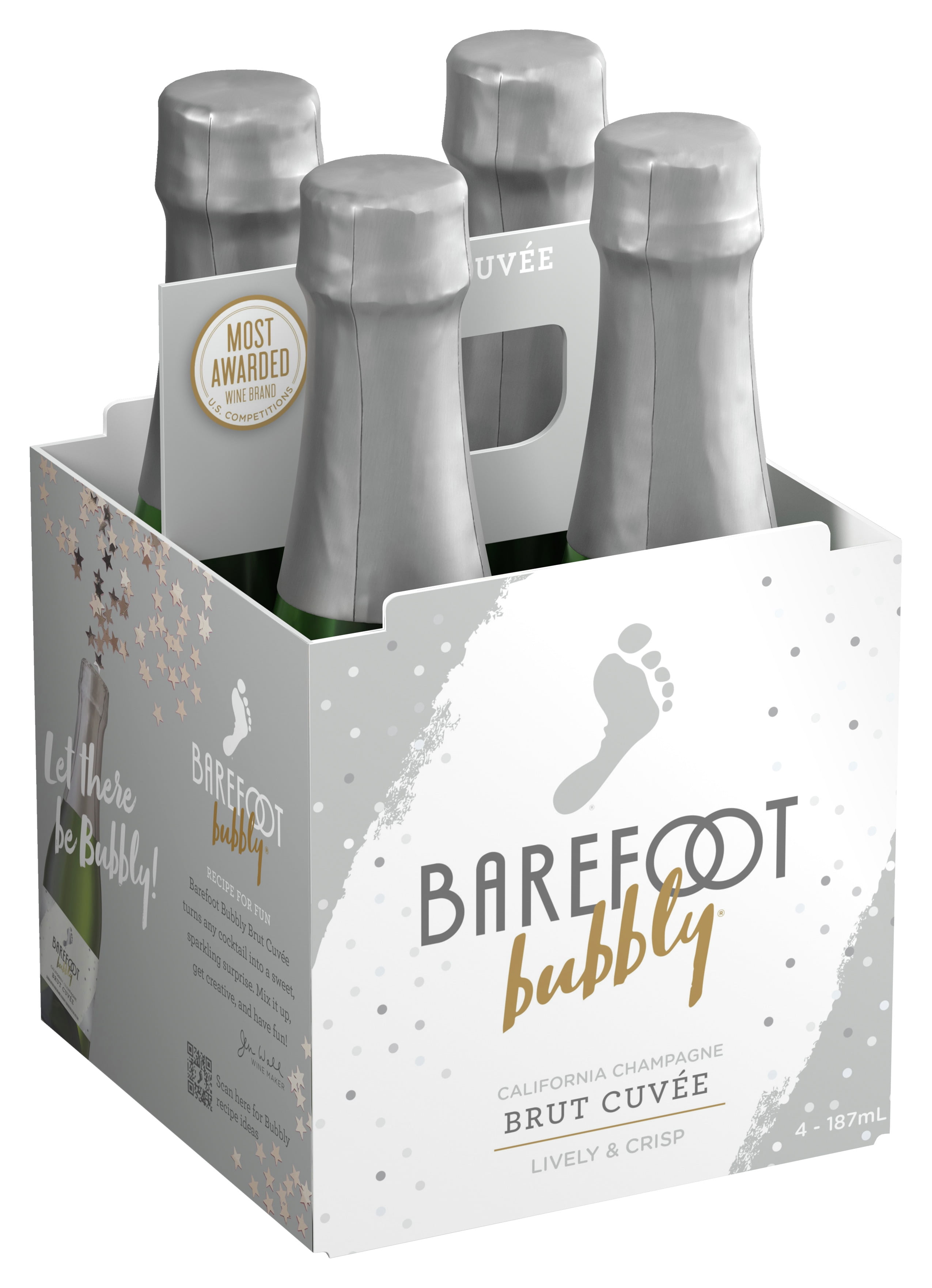 Barefoot Bubbly Brut Cuvee Champagne Sparkling Wine, California, 4 Pack, 4 187ml Single Serve Plastic Bottles