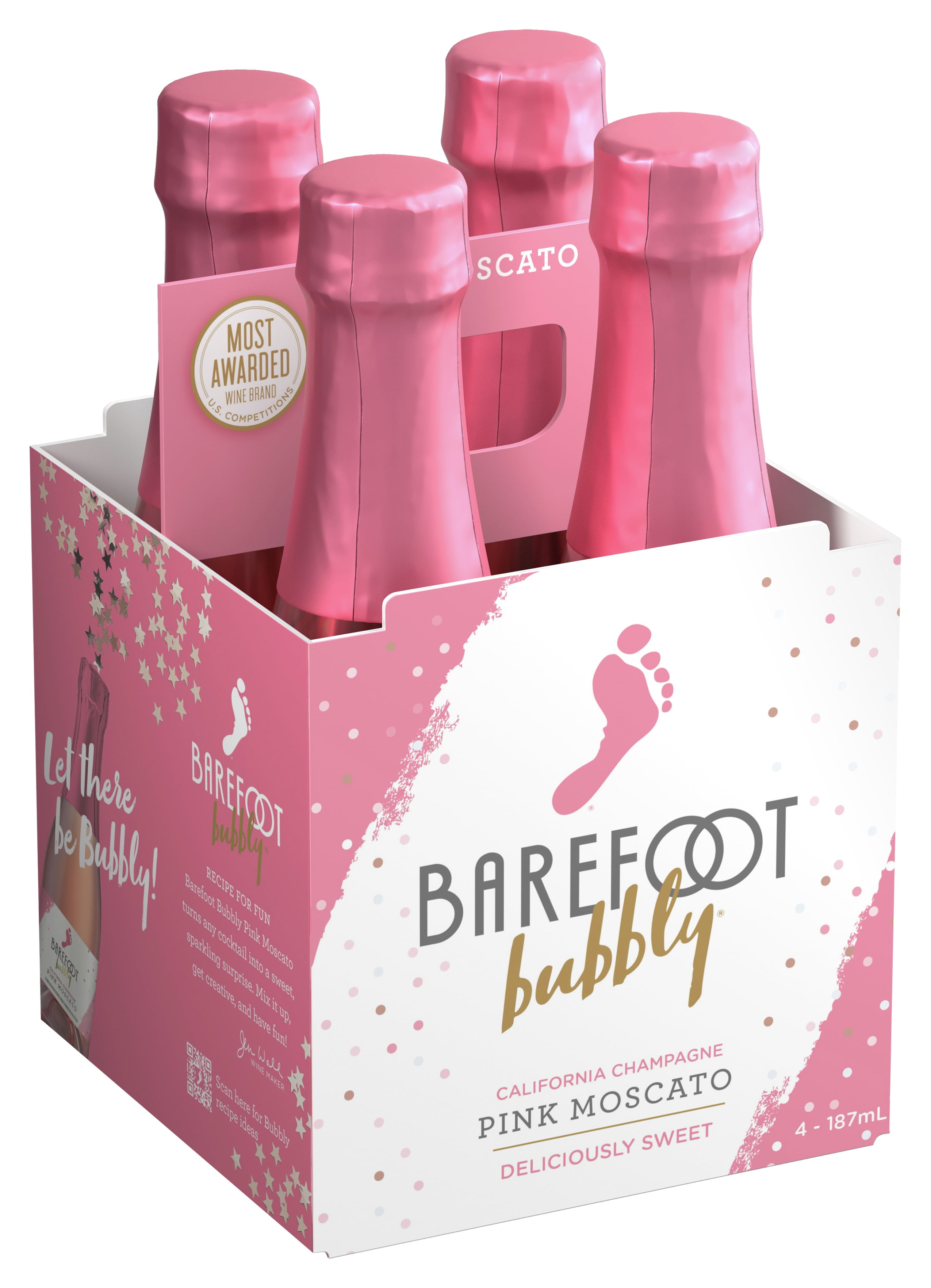 Barefoot Bubbly Pink Moscato Sparkling Rose Wine, 4 Pack, 187ml Bottles