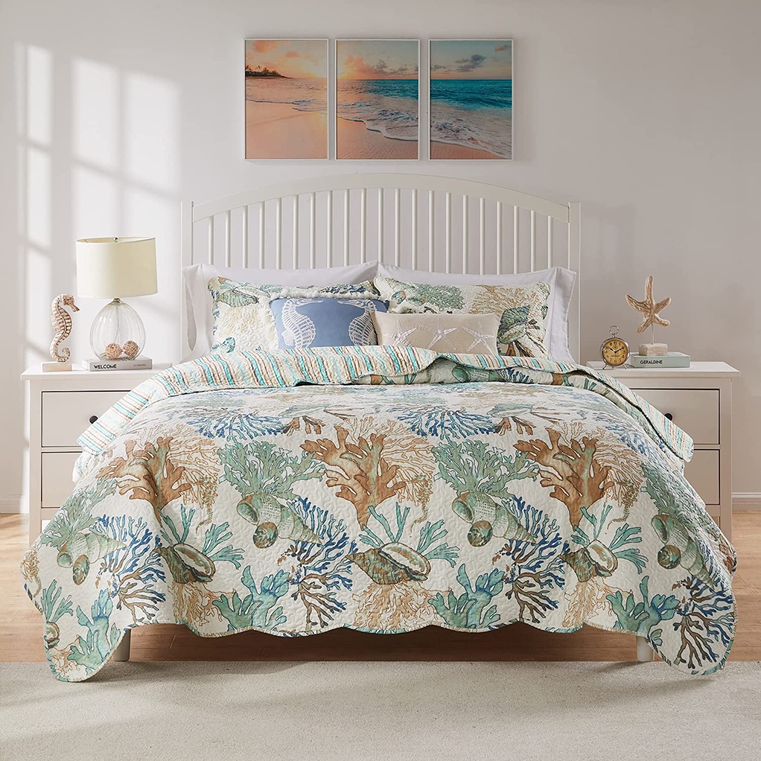 King Size Reversible Nautical Microfiber Quilt Set in Brown and Jade