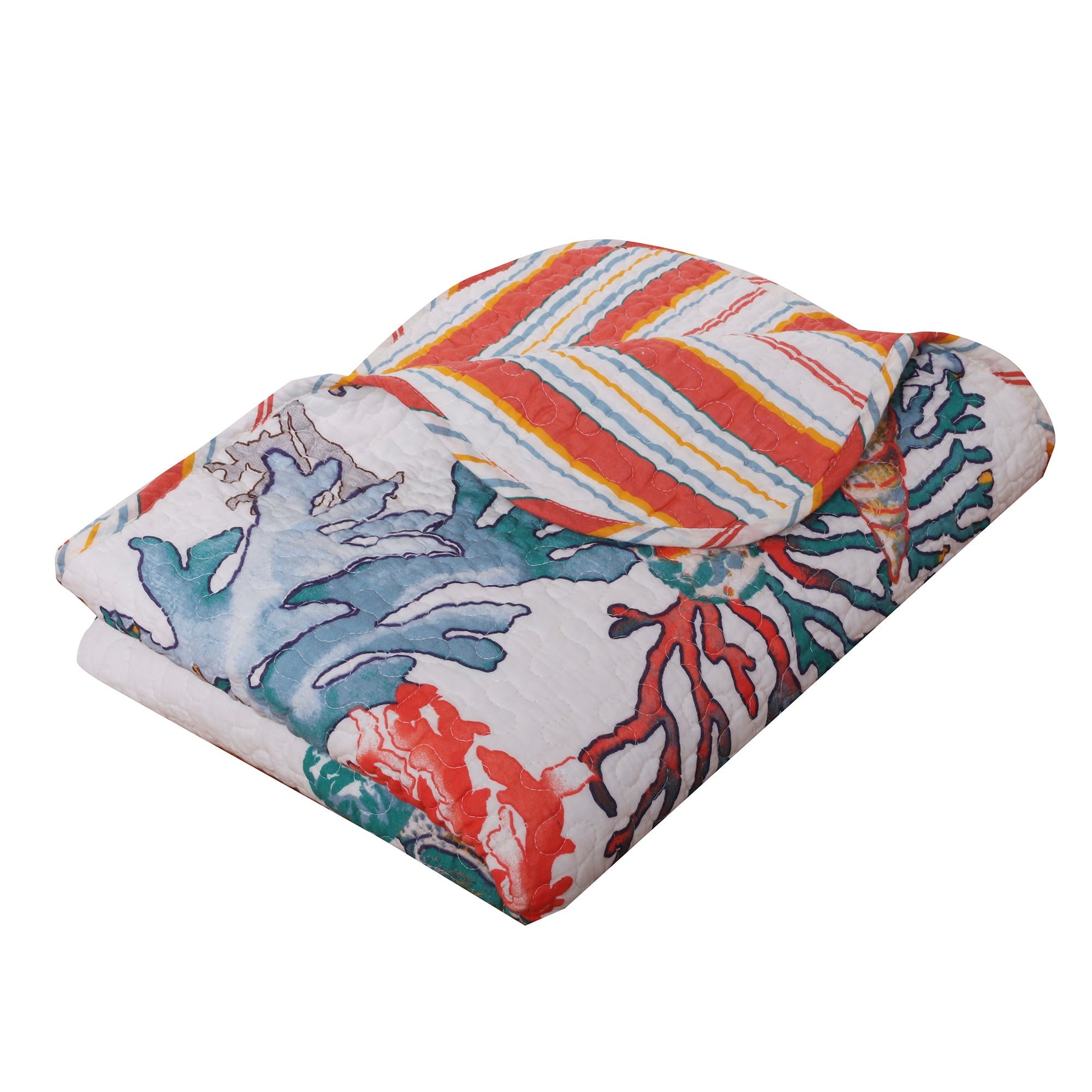 Atlantis Coral and Stripe Reversible Quilted Throw