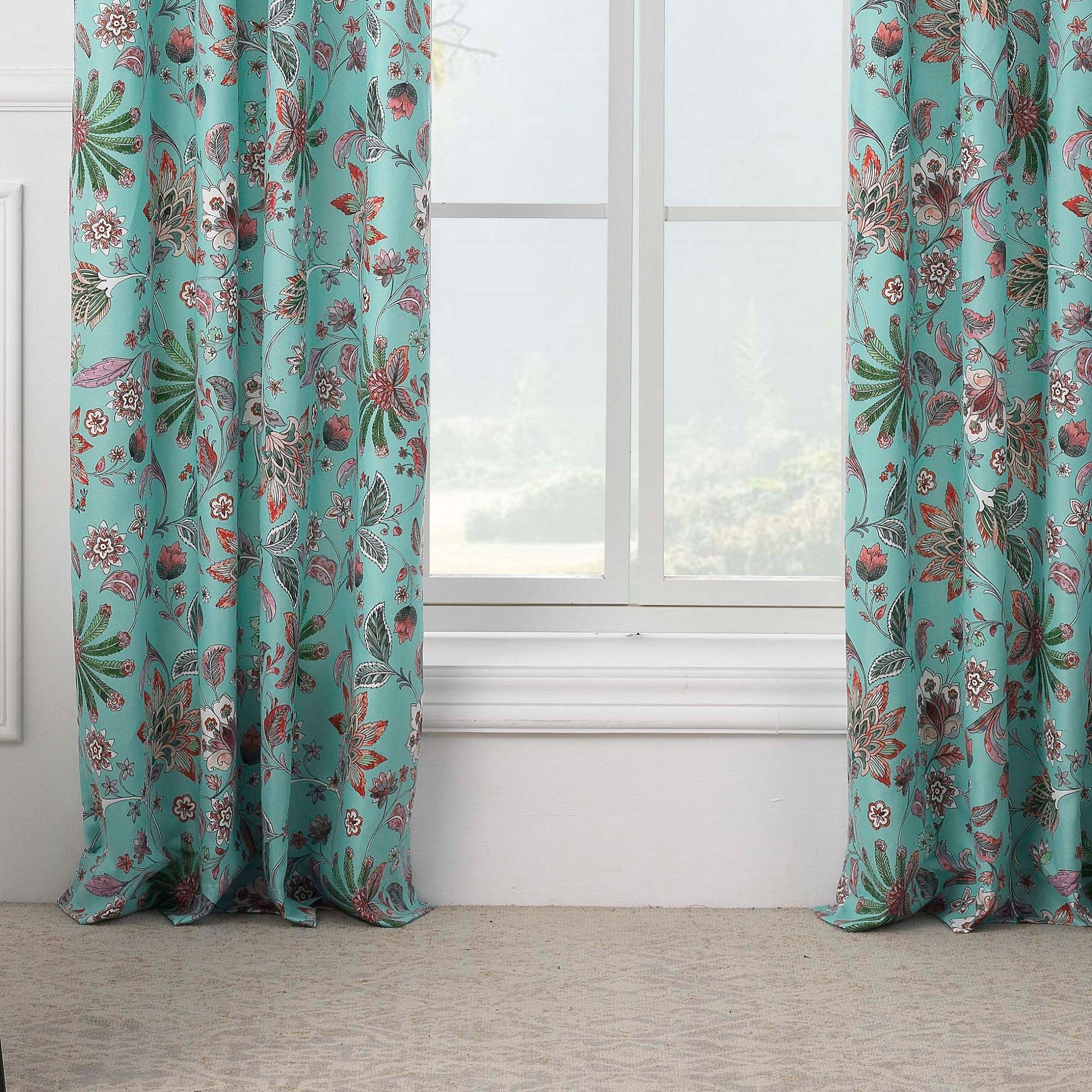 Turquoise Polyester Floral Print 84" x 84" Curtain Panel Set