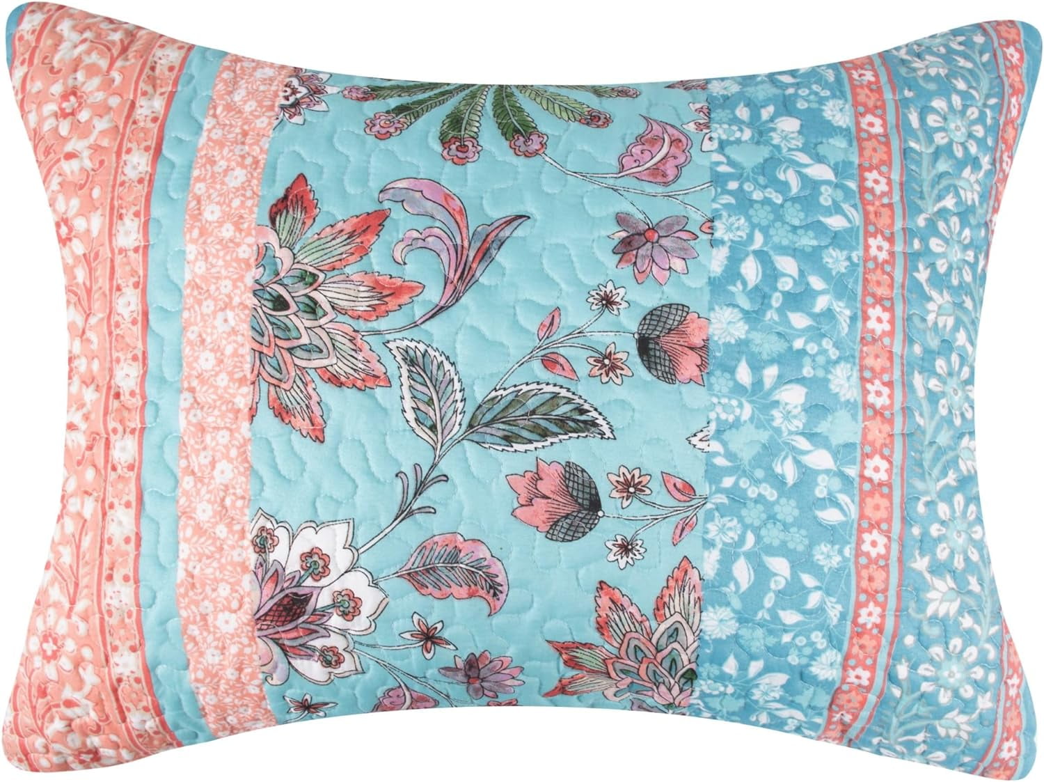 Turquoise and Coral King Cotton Polyester Quilted Pillow Sham
