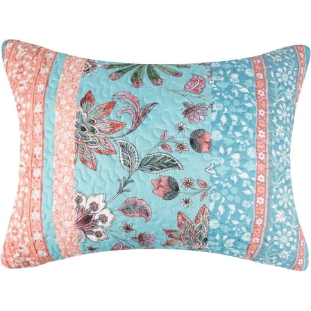 Barefoot Bungalow Audrey Finely Stitched Reversible Quilted Pillow Sham, Standard 20x26-inch, Turquoise