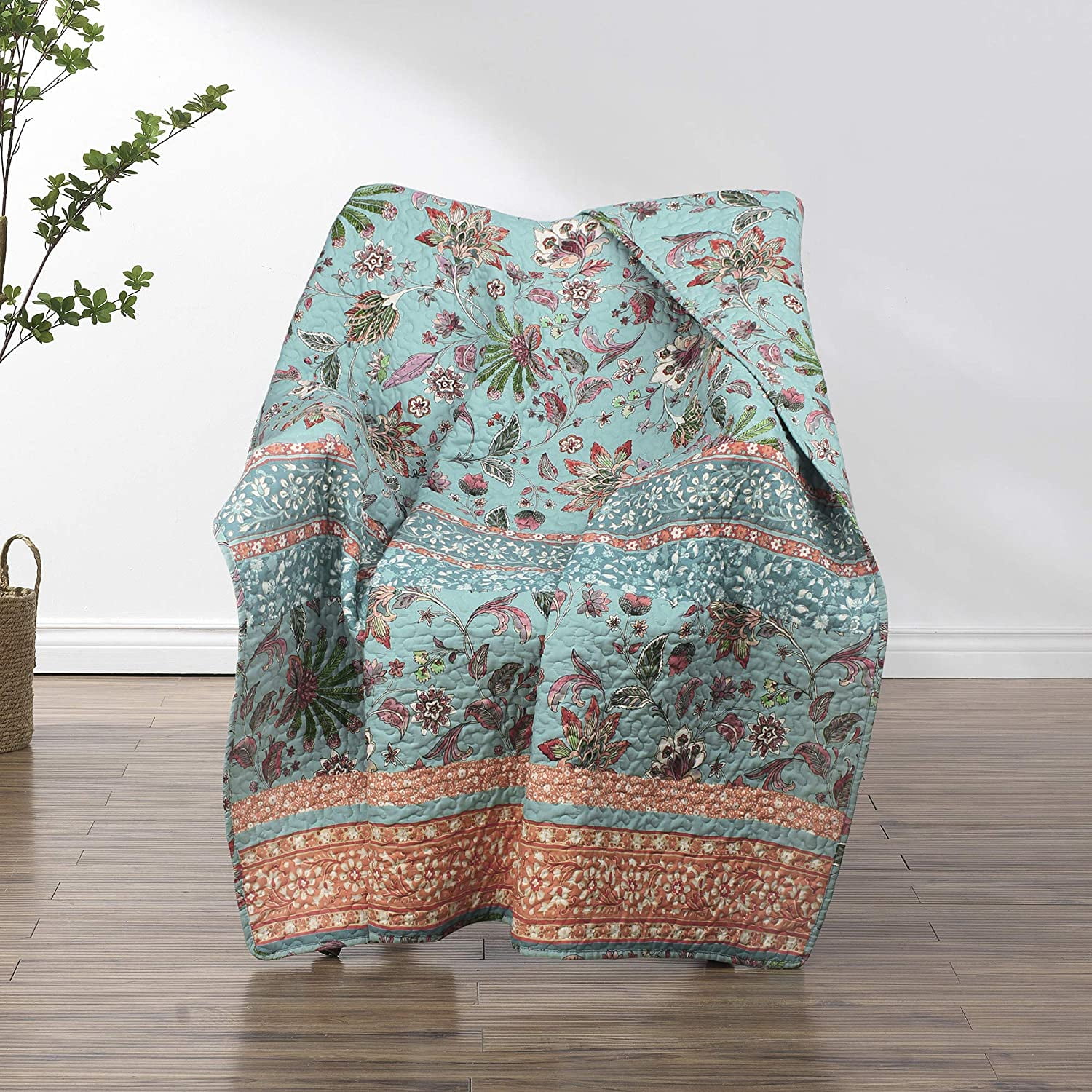 Turquoise and Coral Floral Quilted Reversible Throw Blanket