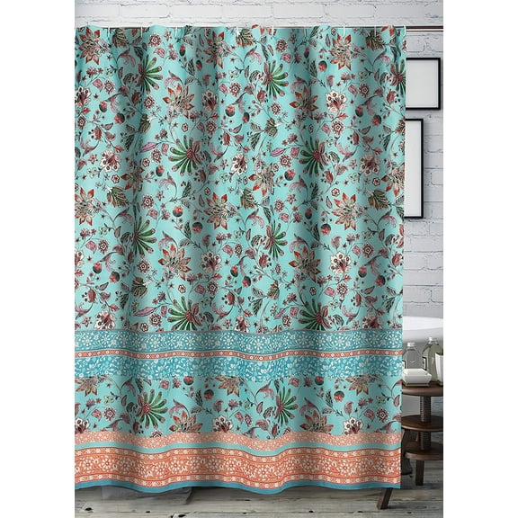 Barefoot Bungalow Audrey Modern Tropcial Floral Paisley Polyester Shower Curtain, 72" x 72", Turquoise