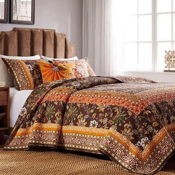 Barefoot Bungalow Audrey Vintage Floral Quilt Set, Reversibe, 2-Piece Twin-XL, Chocolate