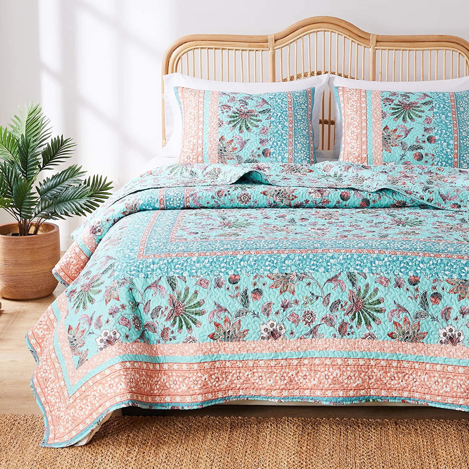 Turquoise and Coral Reversible Full Microfiber Quilt Set