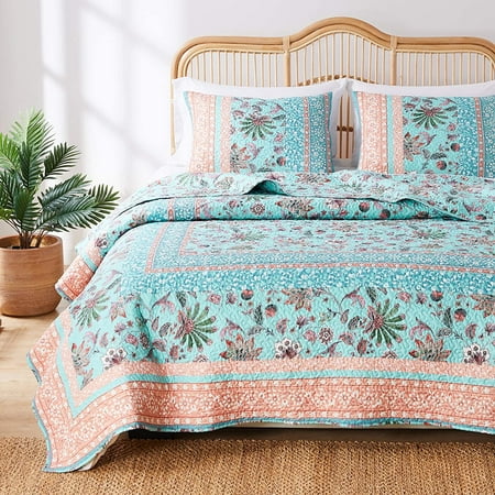 Barefoot Bungalow Audrey Vintage Floral Quilt Set, Reversibe, 3-Piece King, Turquoise