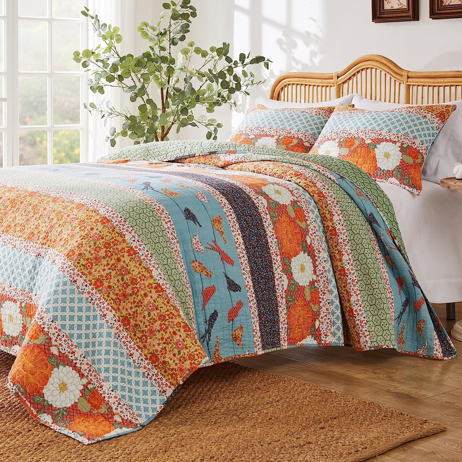 King Size Blue and Orange Microfiber Reversible Quilt Set