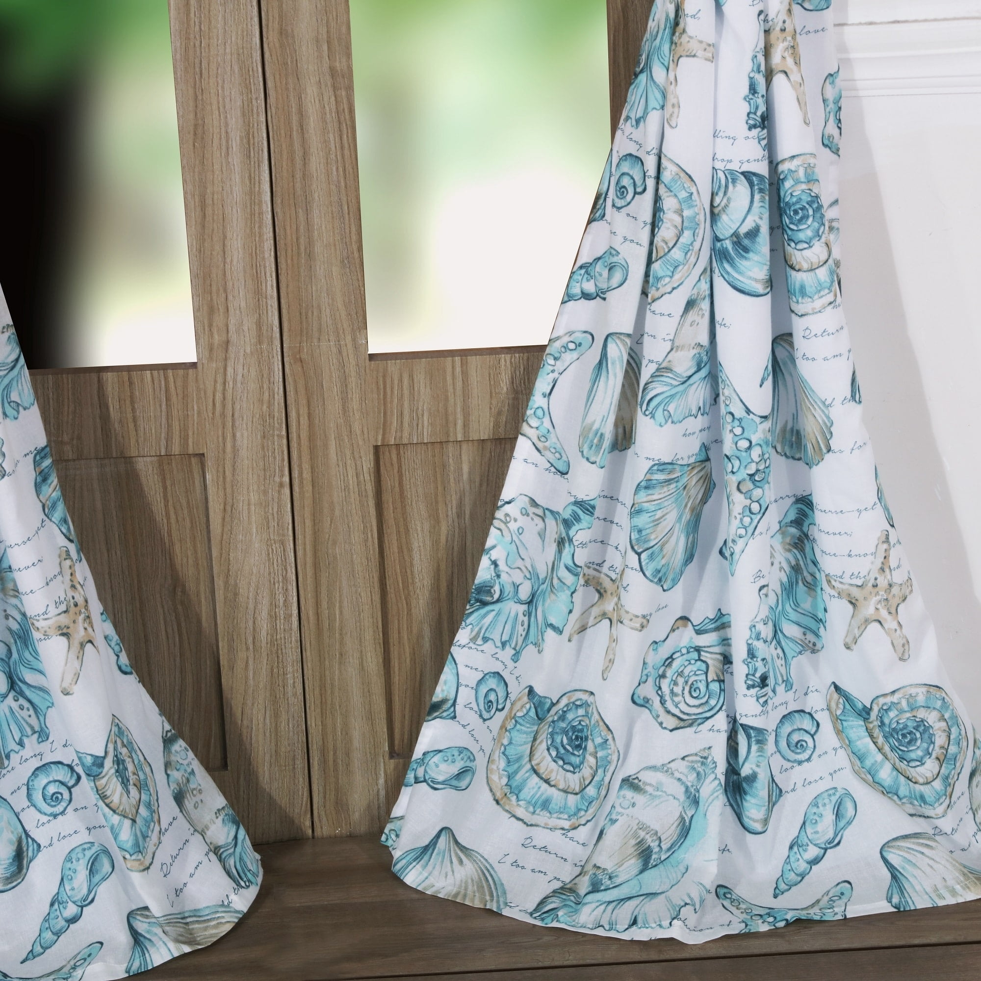 White Coastal Seashell Print Polyester Window Panels, 84" x 84"
