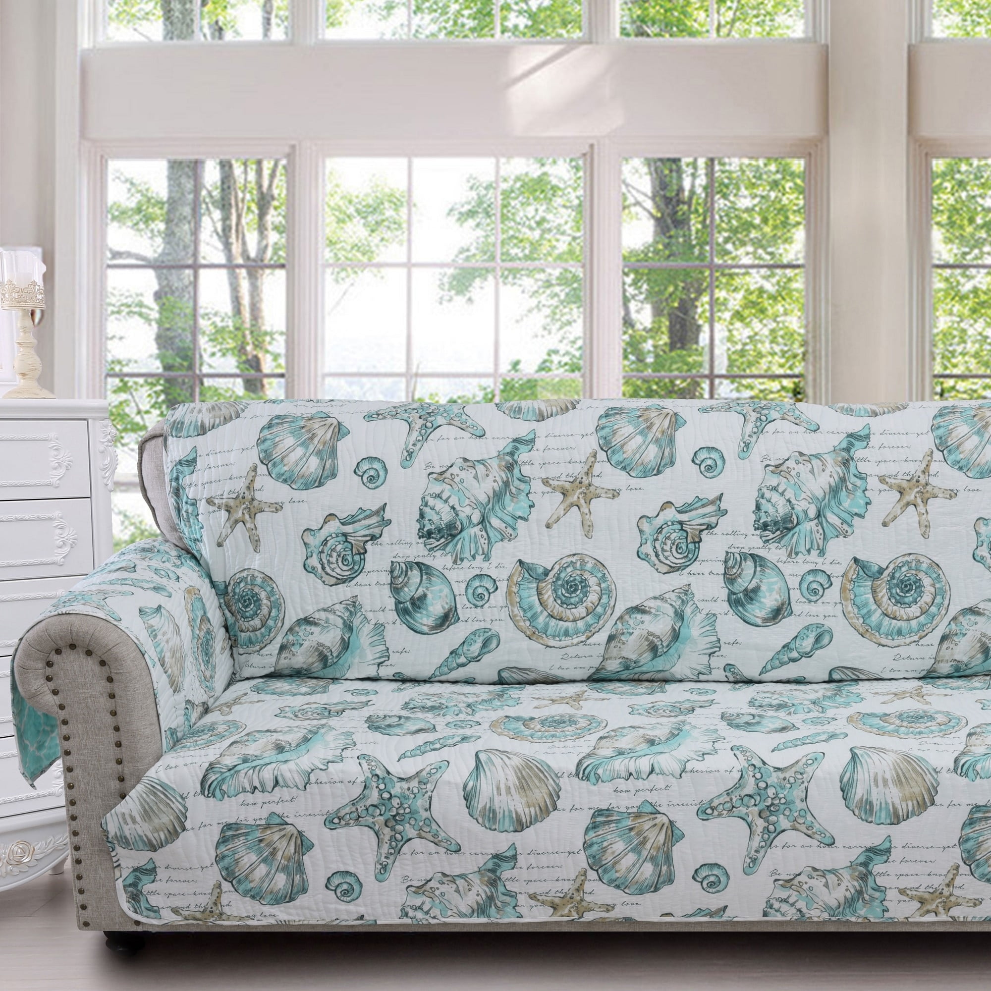 White Quilted Polyester Ocean-Themed Reversible Sofa Protector