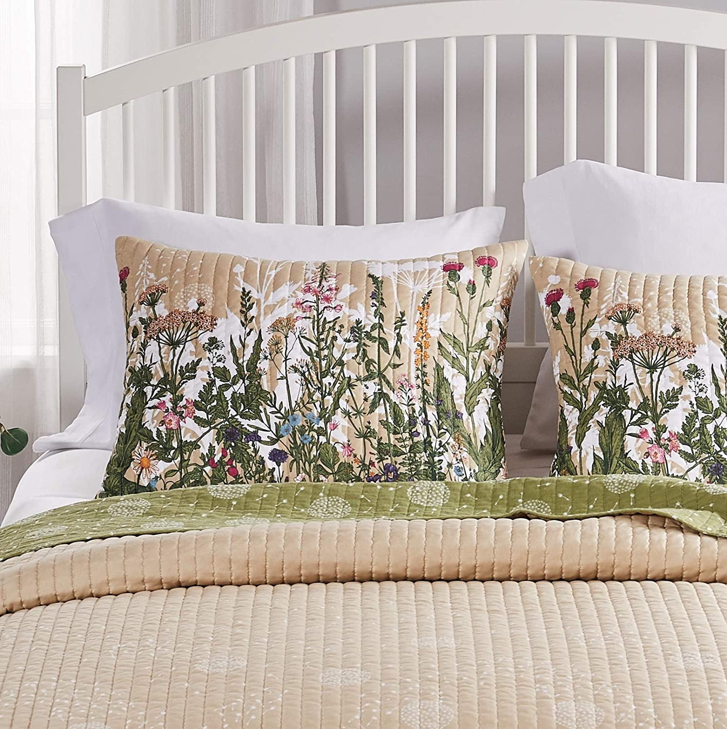 King Size Beige and Green Cotton Polyester Pillow Sham