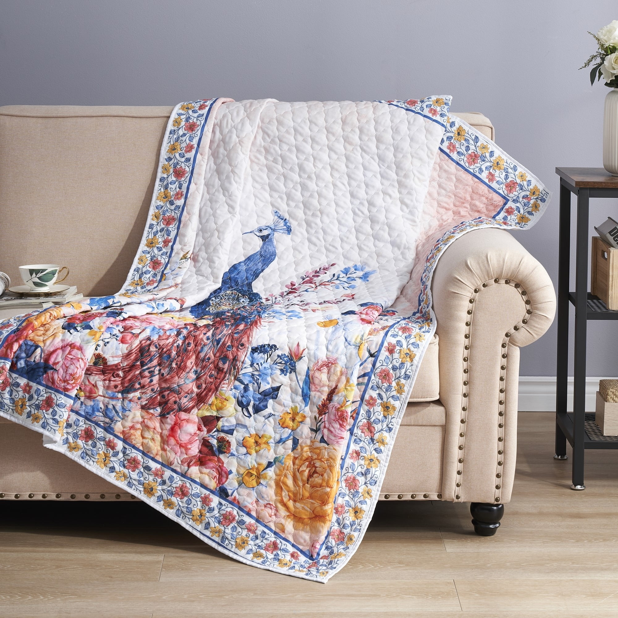 Huntington Peacock Floral Cotton Crocheted Throw Blanket