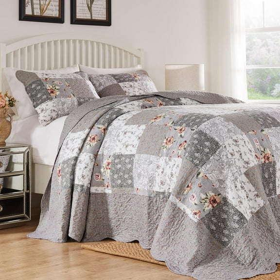 Barefoot Bungalow Giulia Cotton-Rich Floral Print Quilted Bedspread Set, 3-Piece Jumbo Queen, Multi