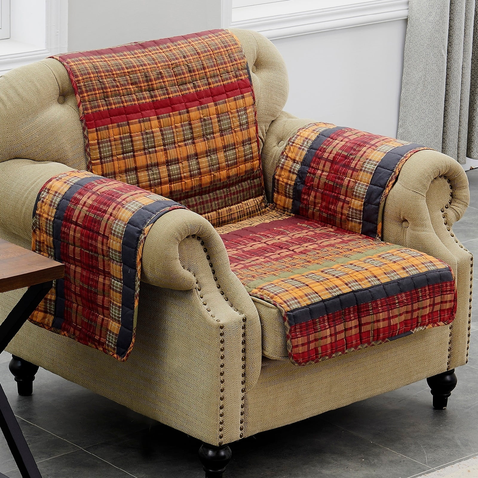 Sunset Plaid Polyester Armchair Protector with Elastic Strap
