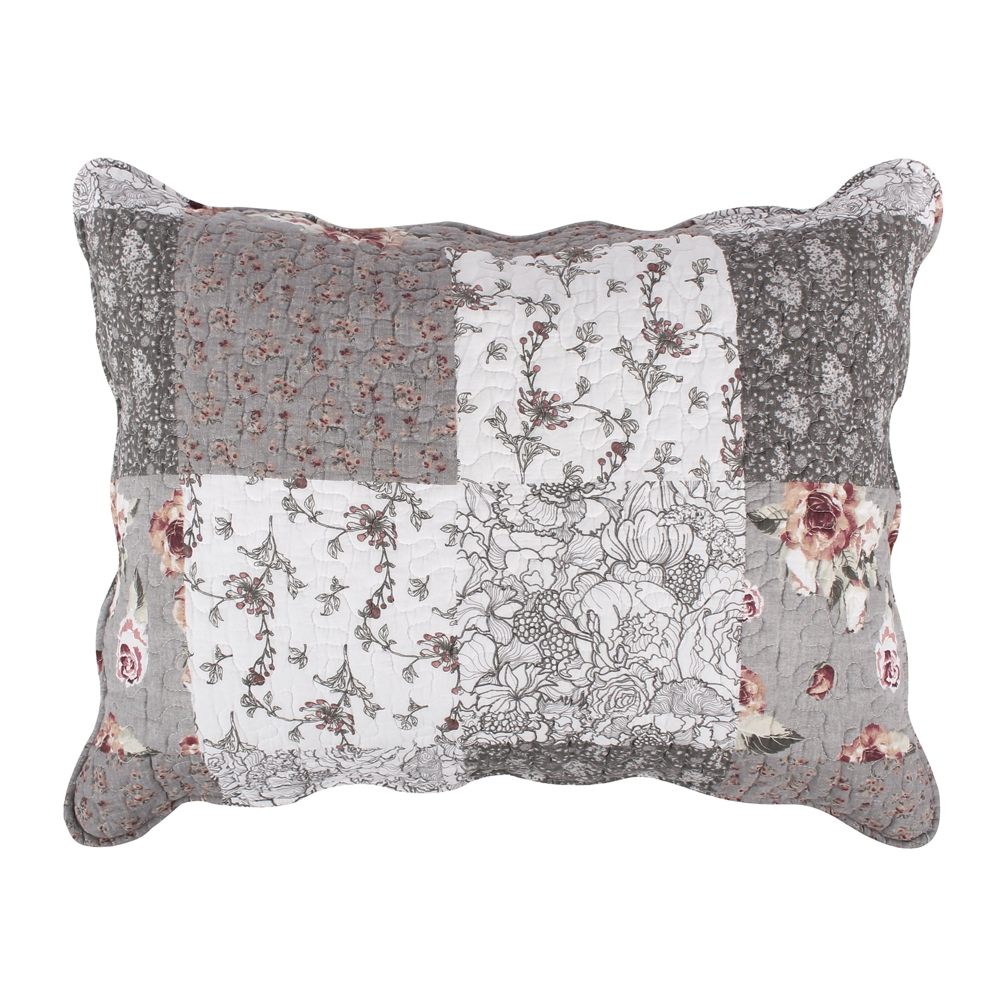 Giulia Gray Floral Cotton and Polyester Quilted Pillow Sham 20" x 26"