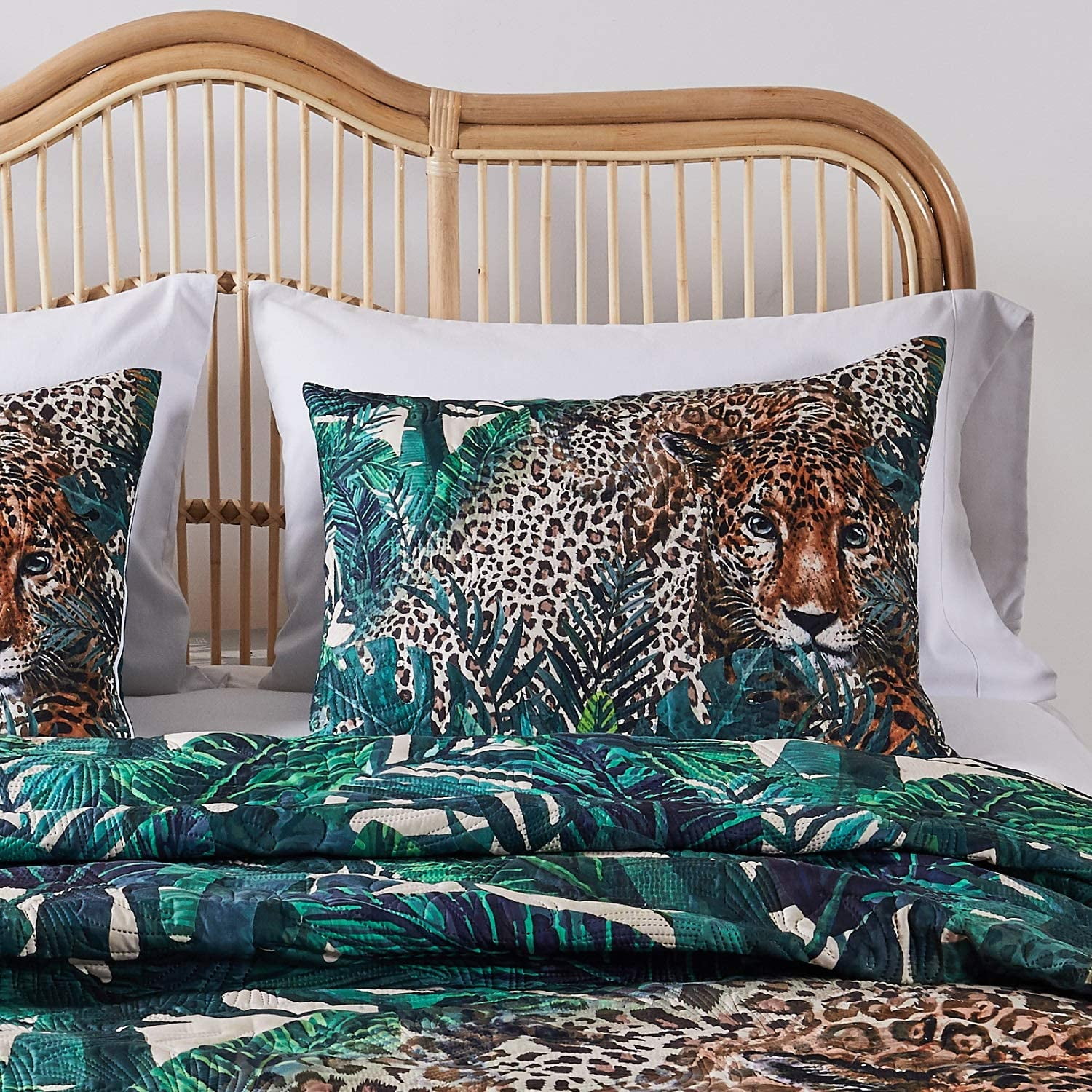 Jungle Cat King Sham with Green and Teal Leaves
