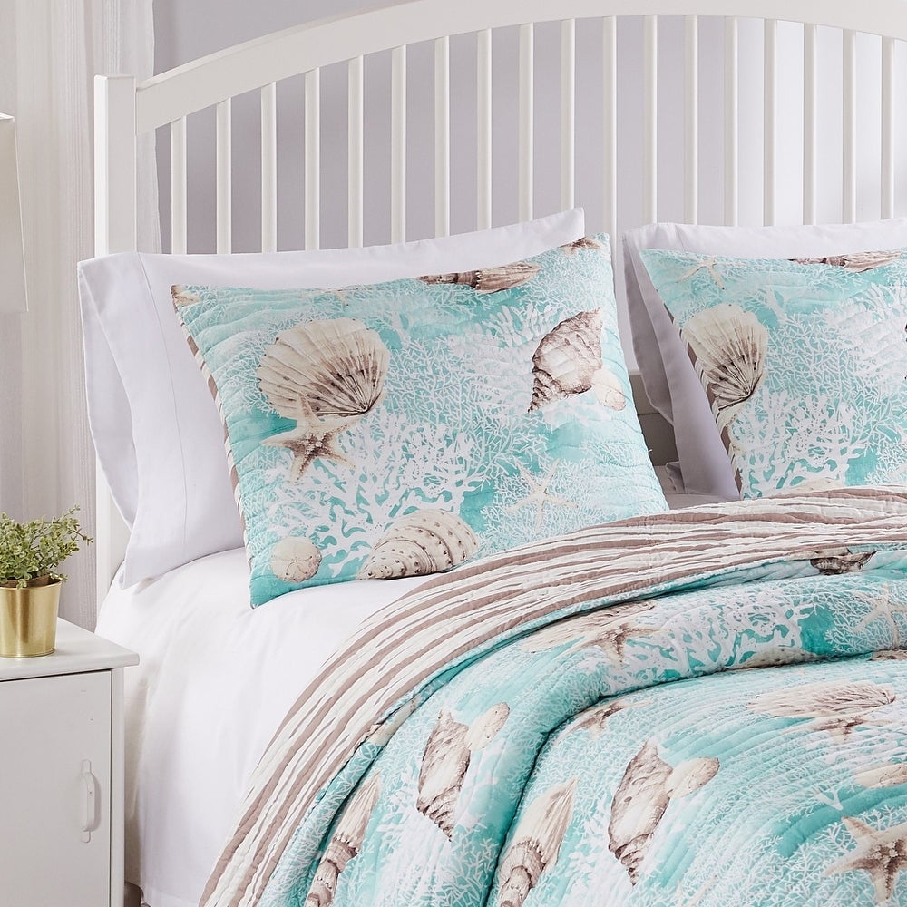 Turquoise Coastal Polyester King Pillow Sham with Conch Shells