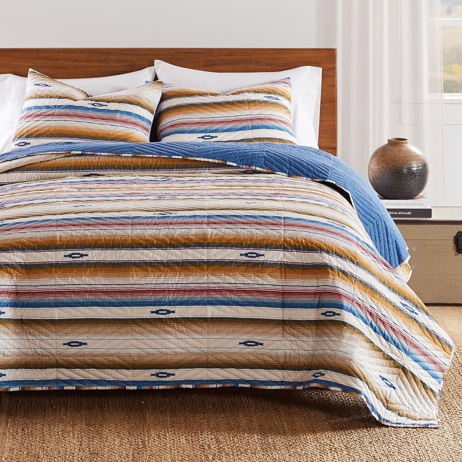 Sapphire Blue and Red Southwestern Reversible Full Quilt Set