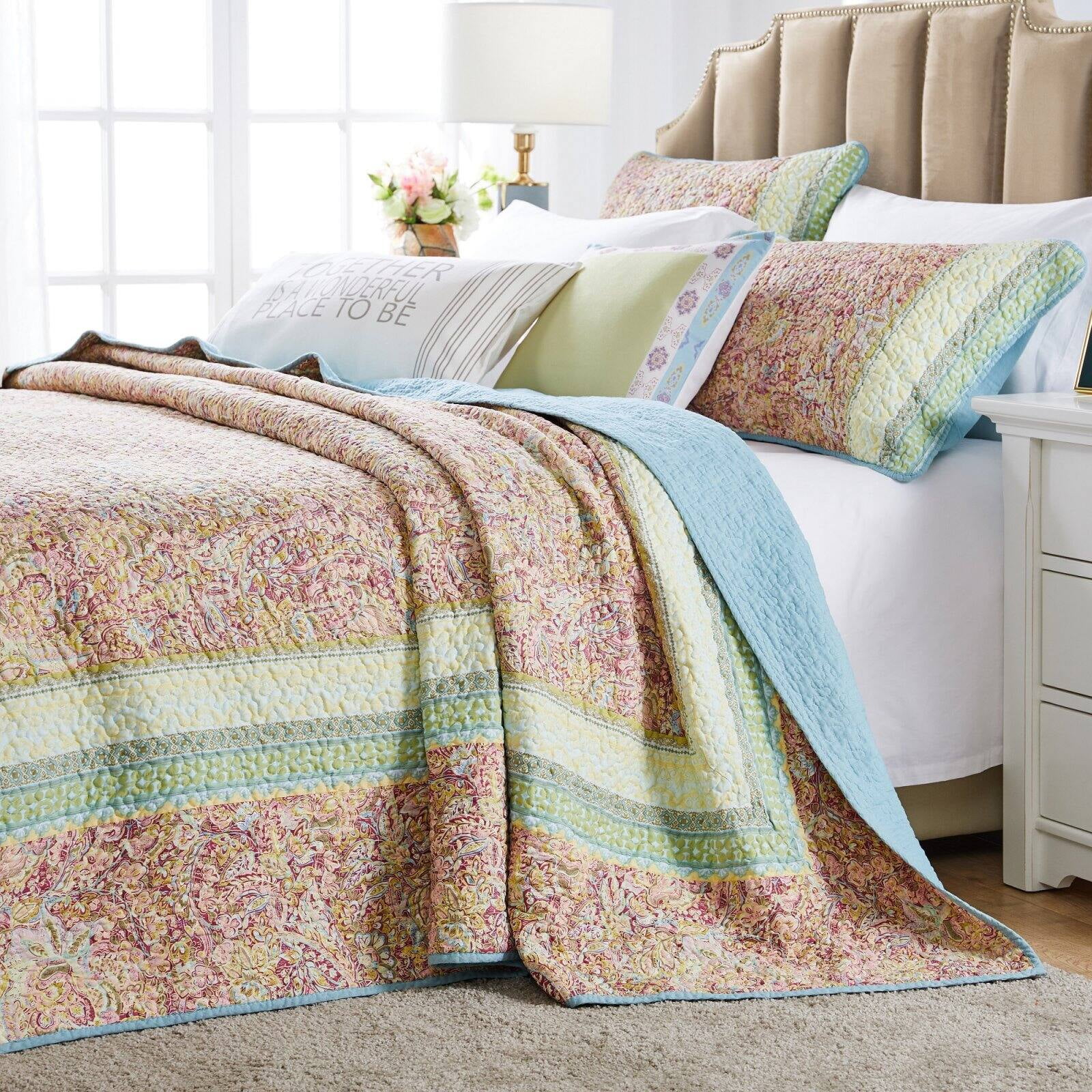 Queen Blue Microfiber Reversible Bedspread Set with Trim