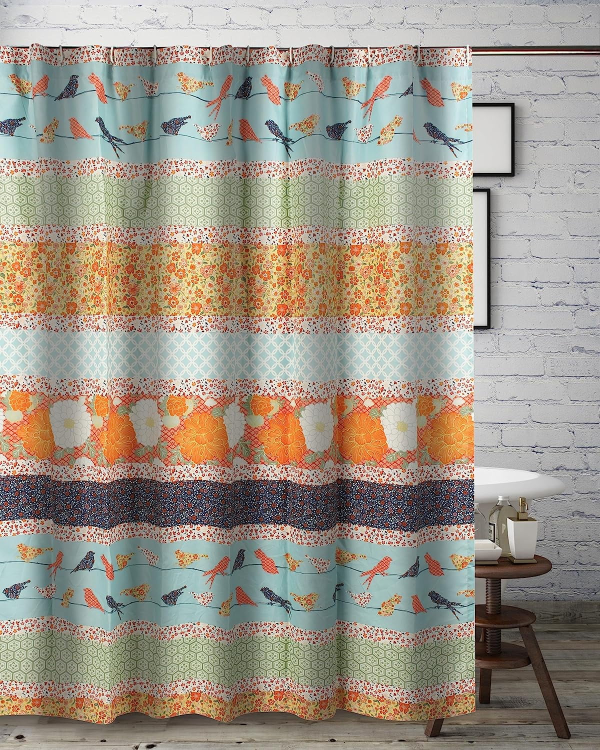 Colorful Floral and Bird Pattern Waterproof Shower Curtain, 72" x 72"