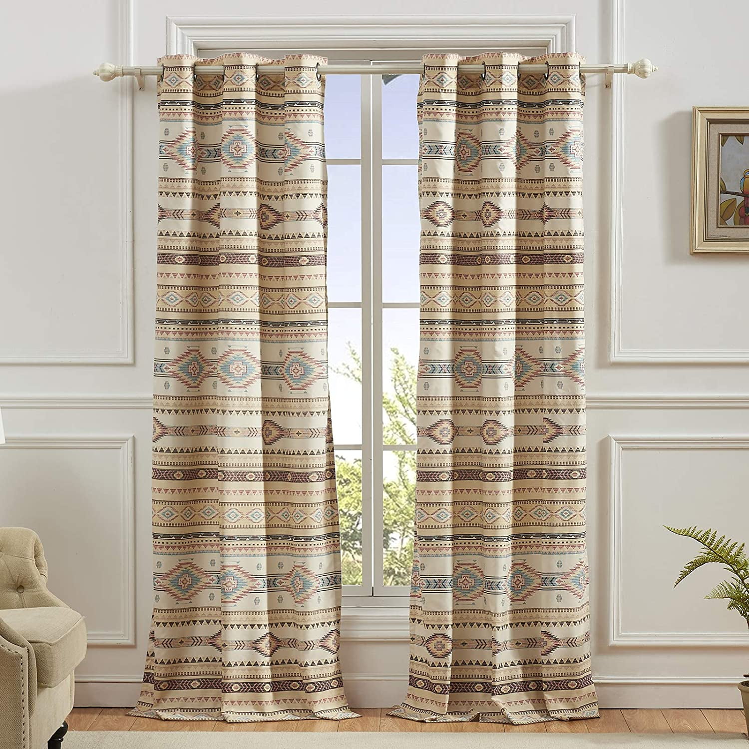 Phoenix Beige Southwest Geometric Light-Filtering Grommet Curtain Panels