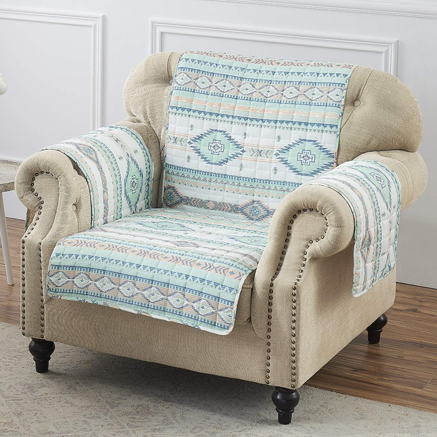 Turquoise and Beige Southwestern Geometric Armchair Furniture Protector