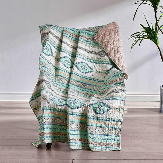 Barefoot Bungalow Phoenix Southwestern Boho Quilted Throw Blanket, 50 W x 60 L inches, Turquoise