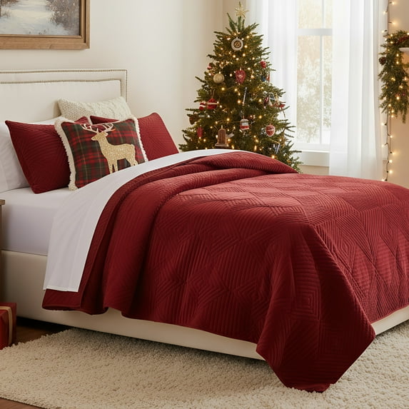 Barefoot Bungalow Riviera Velvet Finely Stitched Modern Quilt Set, Red, 2-Piece Twin/Twin XL