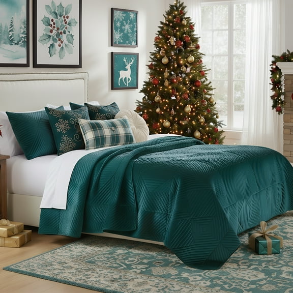 Barefoot Bungalow Riviera Velvet Modern Quilt Set, Teal, Cal King - Reversible (3 Count)