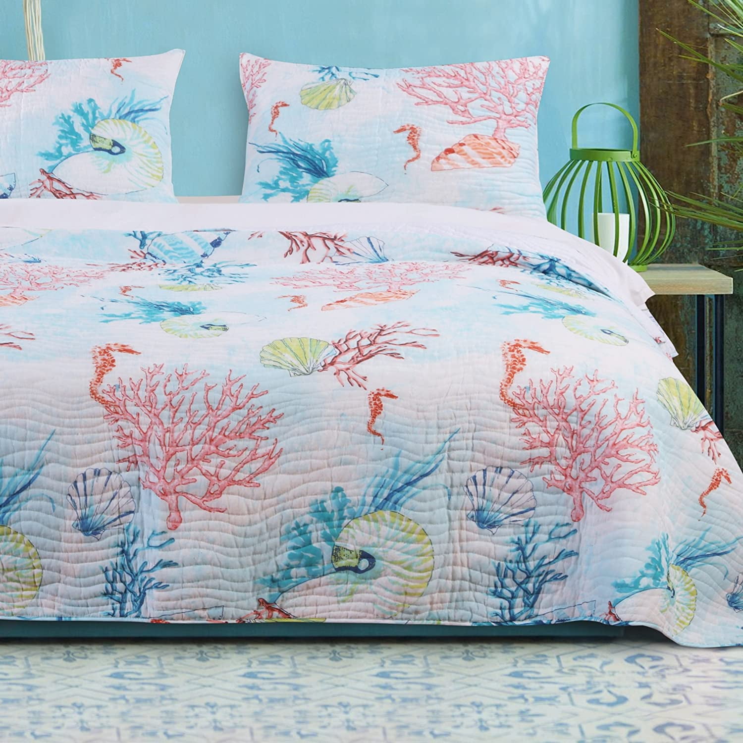 Barefoot Bungalow Sarasota Coastal Seashell Quilt Set, 3-Piece King/Cal King