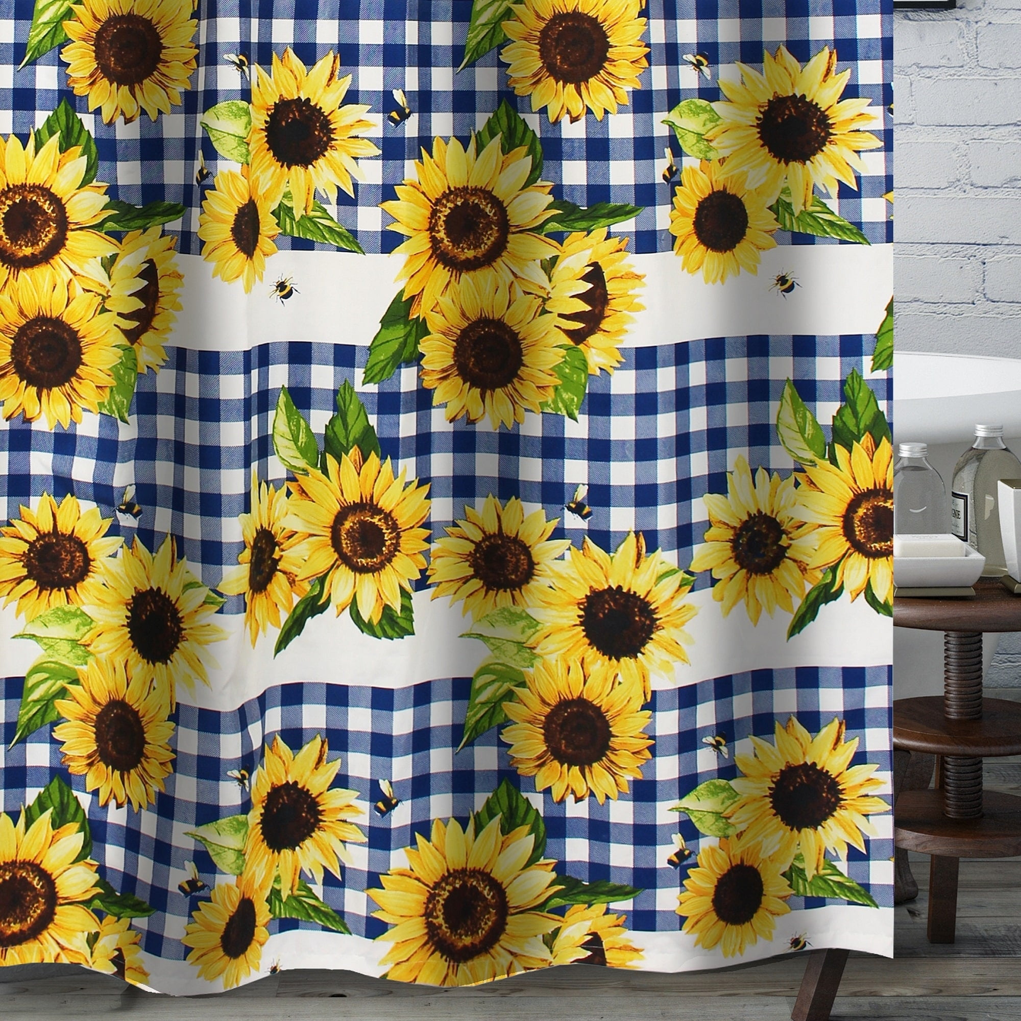 Sunflower and Bumblebee Blue Plaid Polyester Shower Curtain