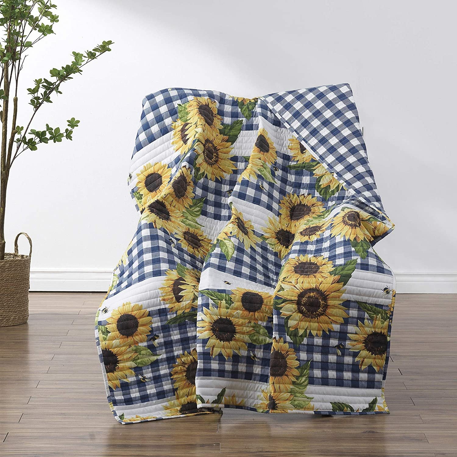 Barefoot Bungalow Sunflower Floral,Plaid Microfiber/Polyester Throw, 50" x 60"