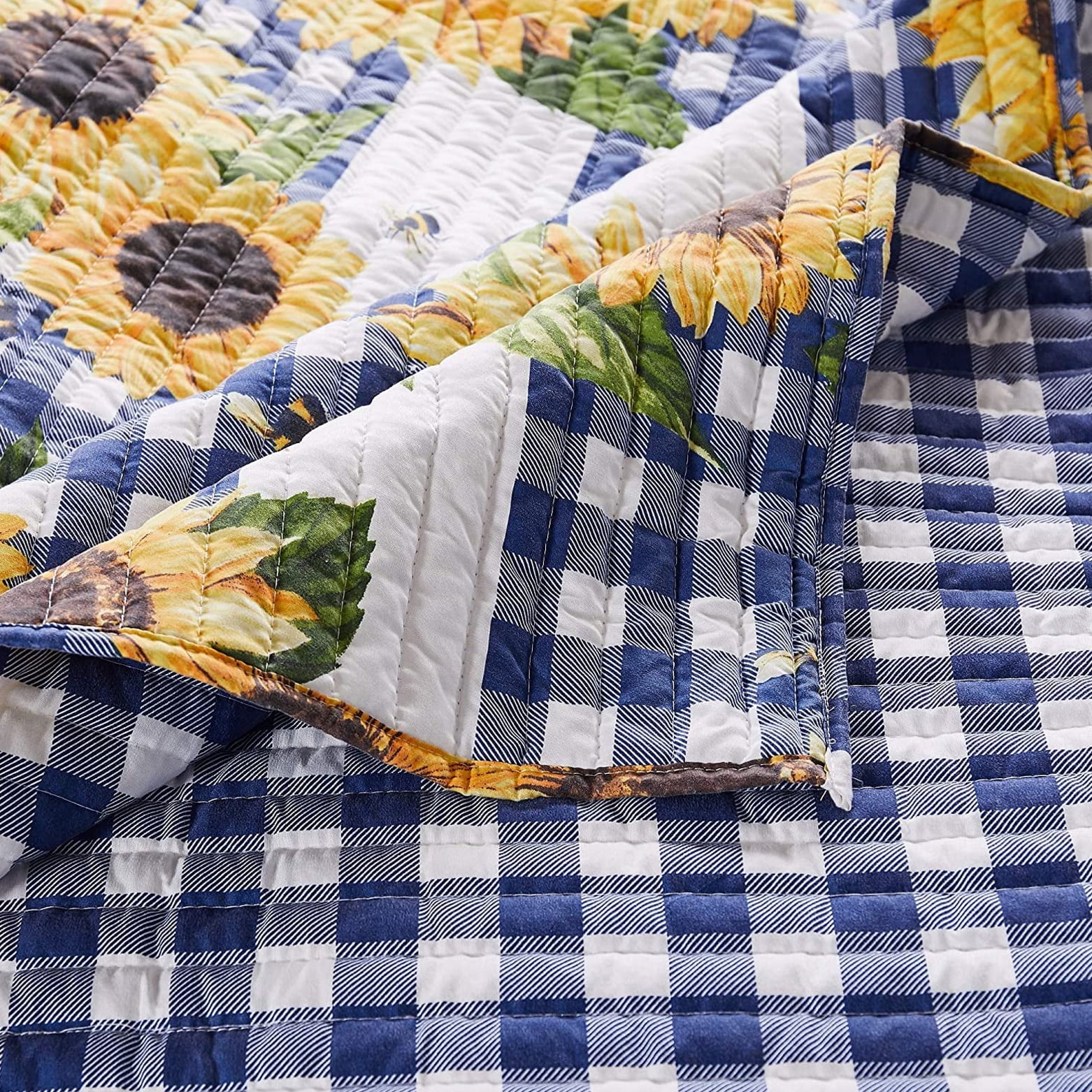 Blue and Yellow Sunflower Reversible King Microfiber Quilt Set