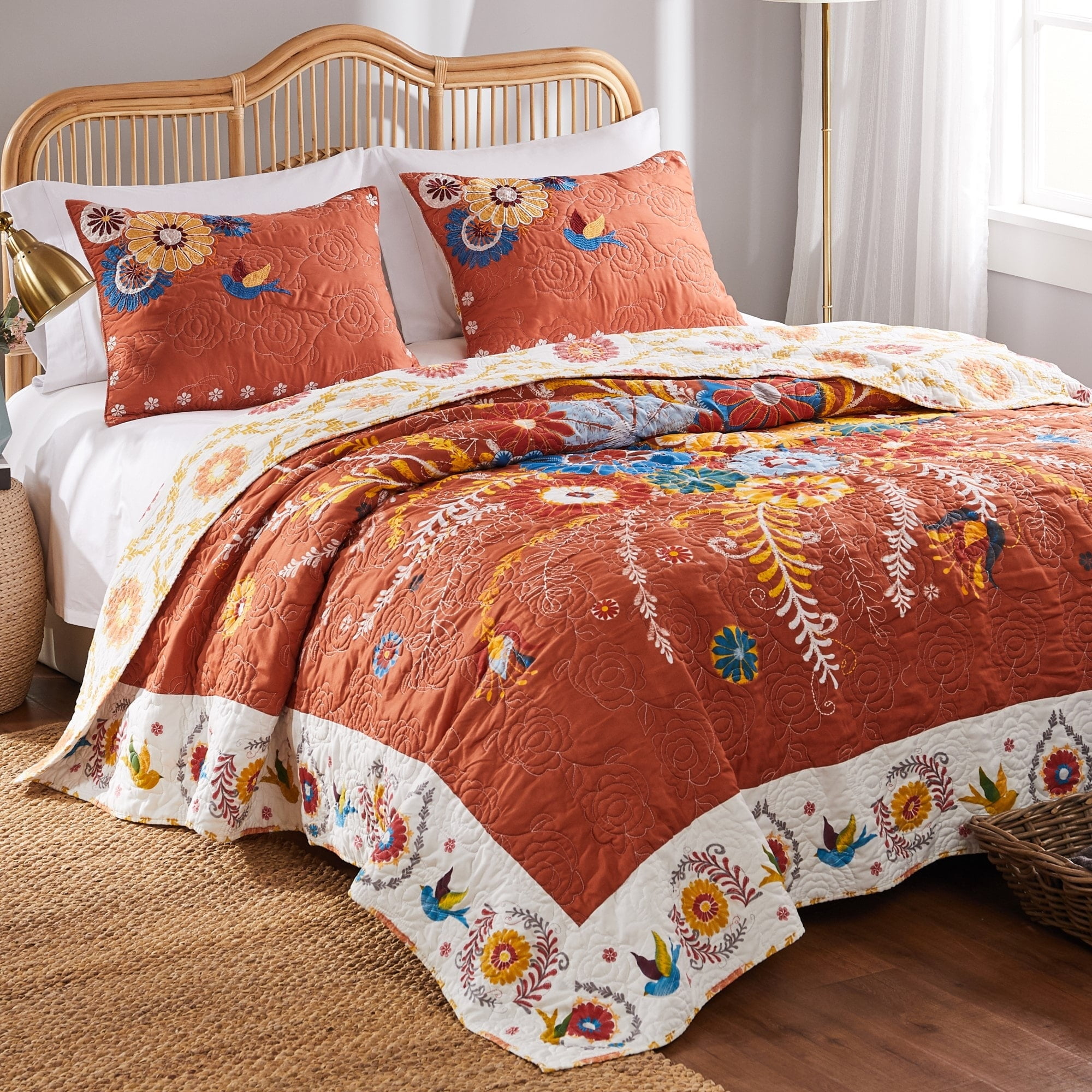 Full White Cotton Reversible Bohemian Quilt Set