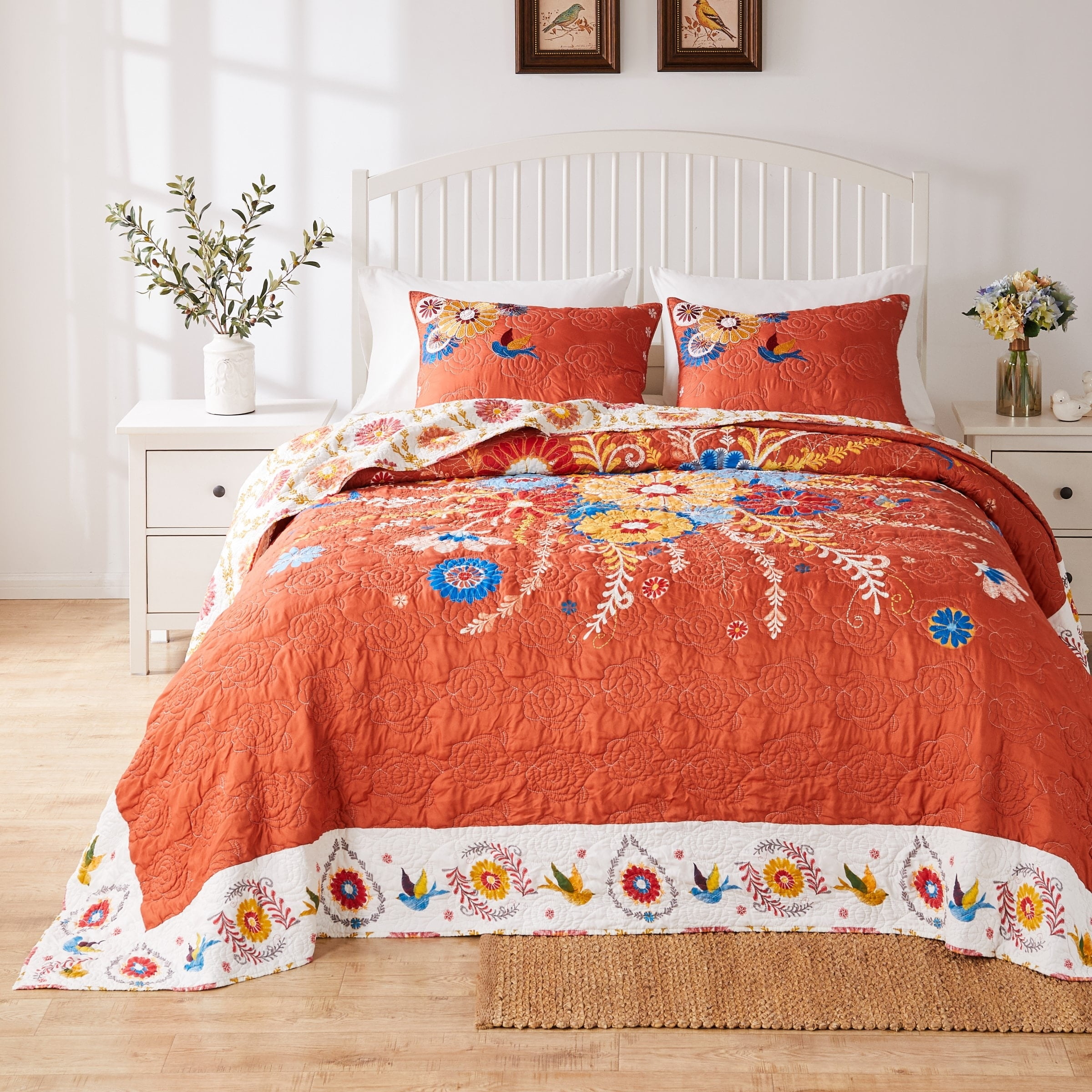 Queen Size Orange Microfiber Reversible Bohemian Bedspread Set