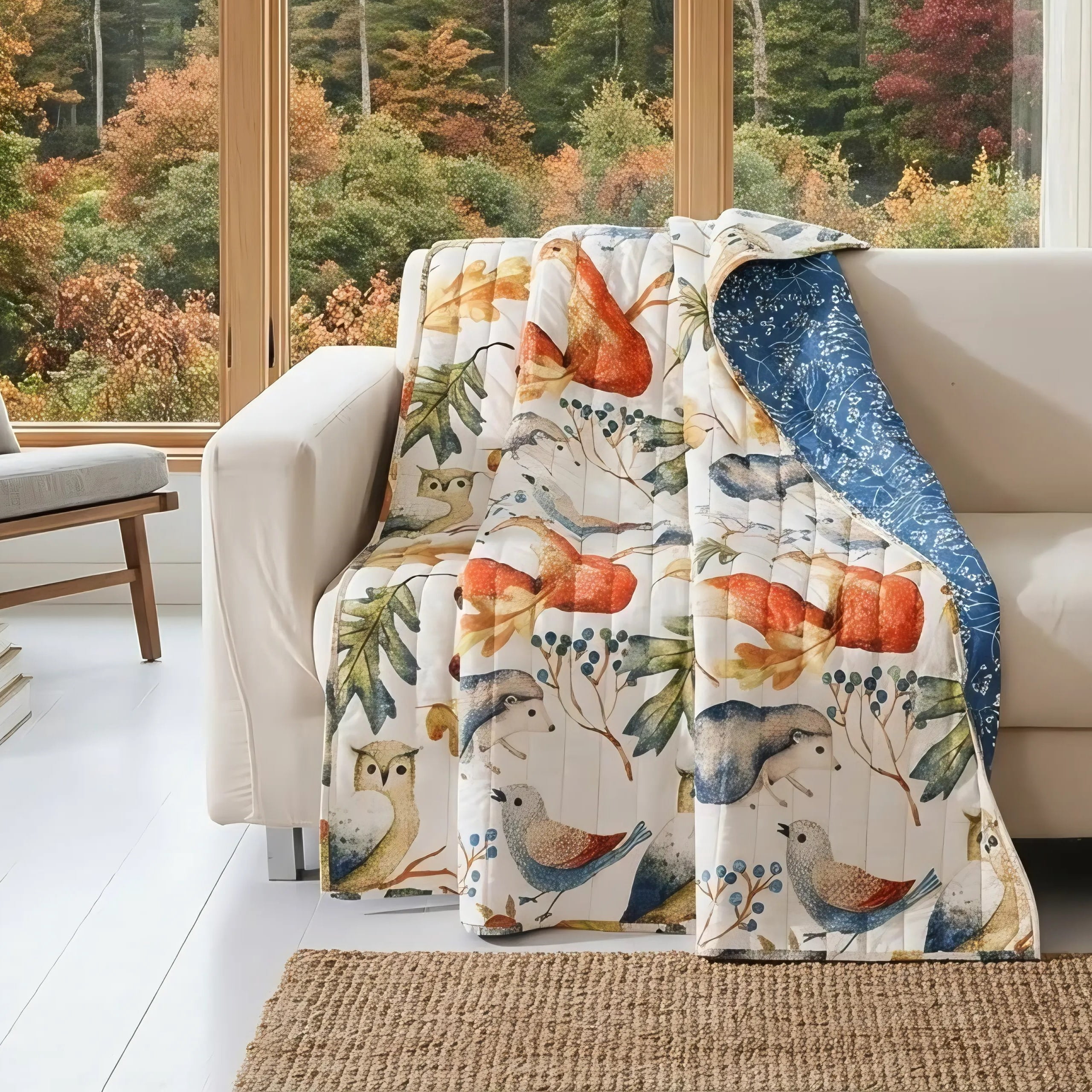 Barefoot Bungalow Willow Forest Friends Reversible Cotton-Filled Throw Blanket - Natural - 50 x 60 inches