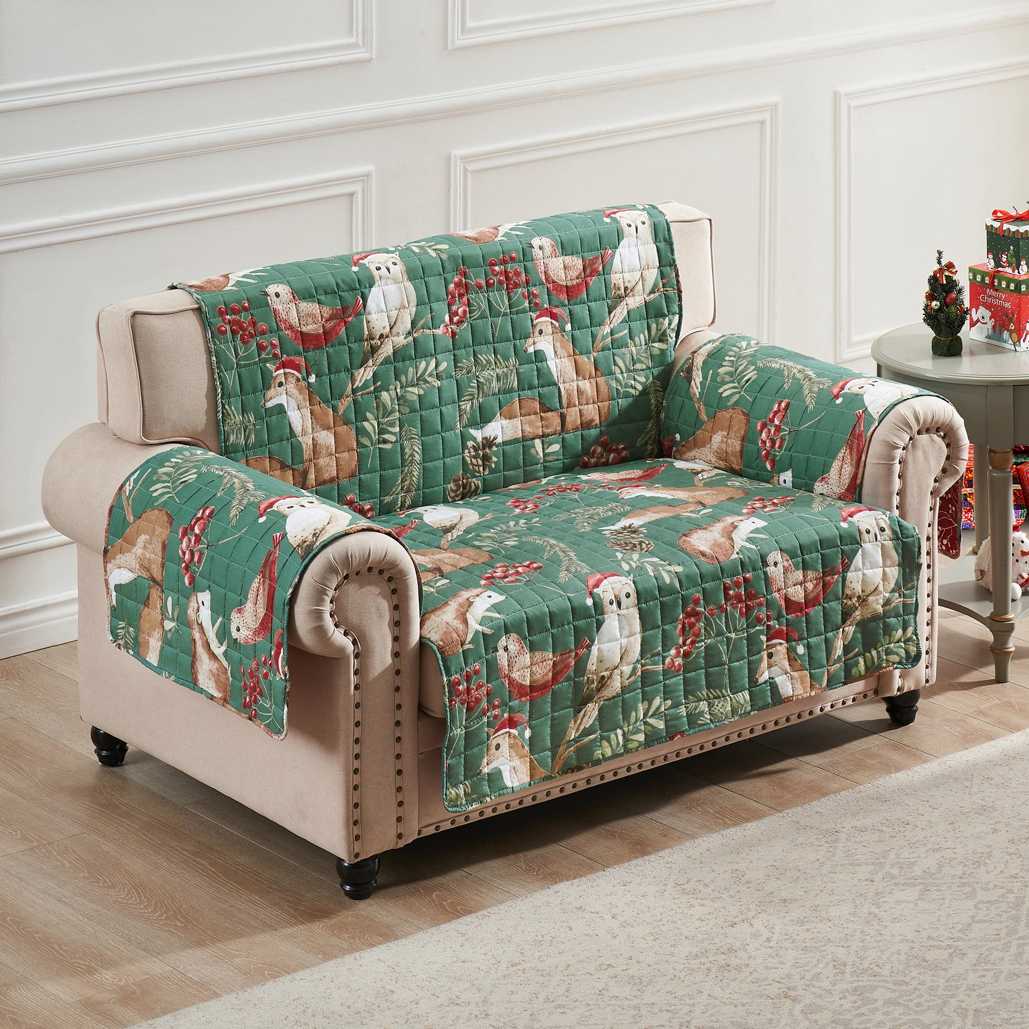 Holiday Green and Red Reversible Polyester Loveseat Cover