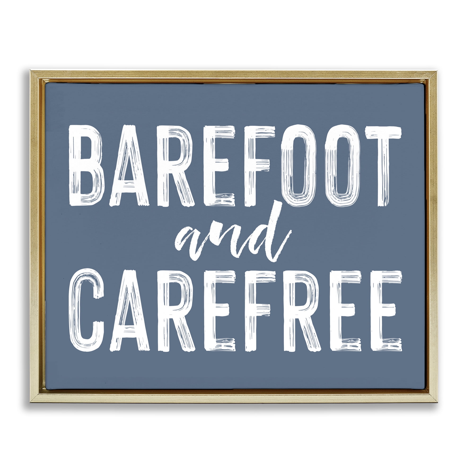 Barefoot & Carefree Blue Gold Framed Floater Canvas Wall Art, design by Lettered and Lined
