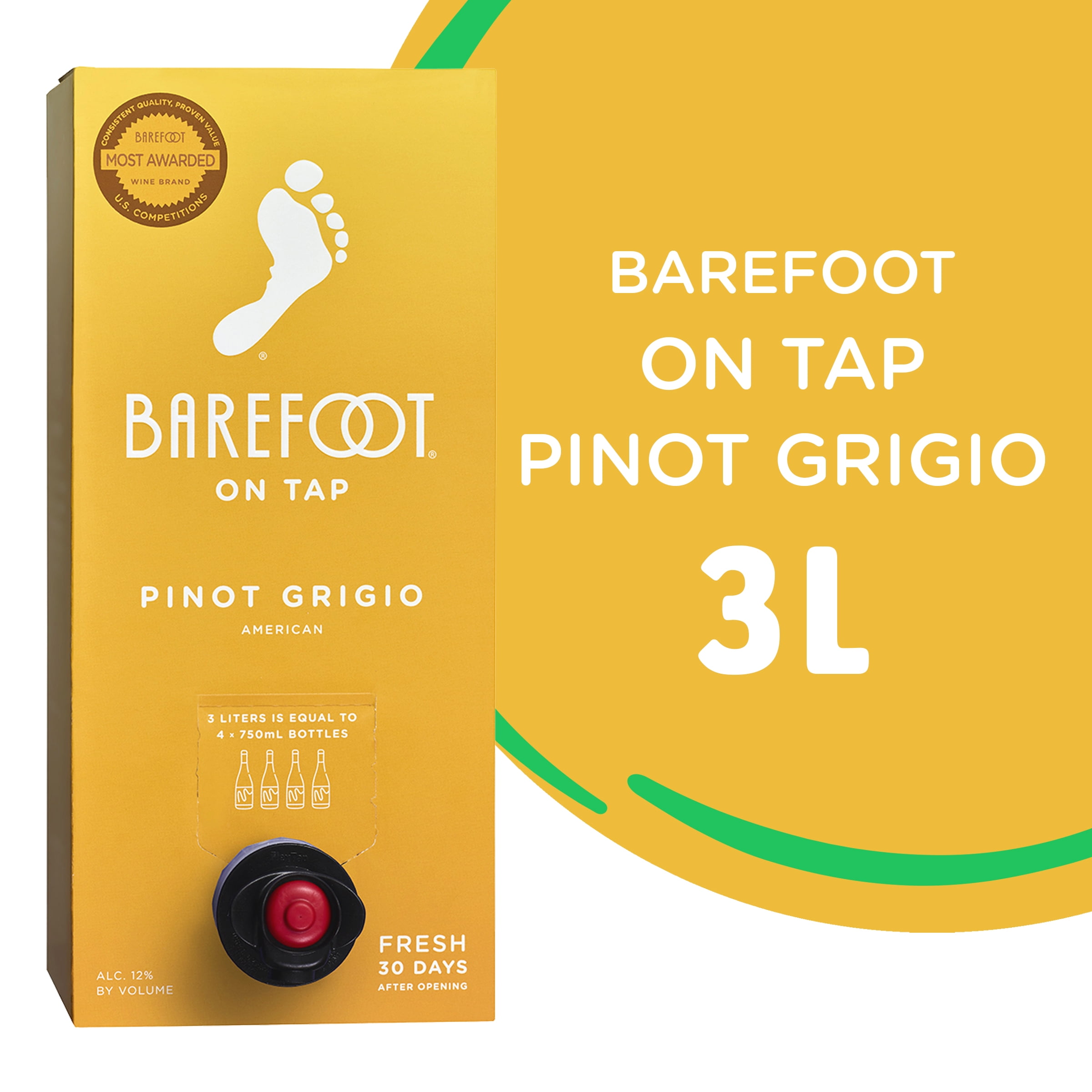 Barefoot Cellars On Tap Pinot Grigio White Wine, California, 3 Liter