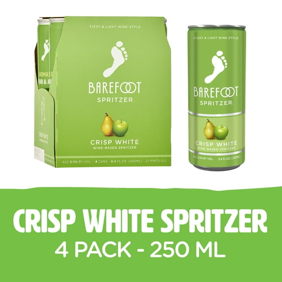 Barefoot Crisp White Wine Spritzer, California, 4 Pack, Four 250ml Aluminum Cans