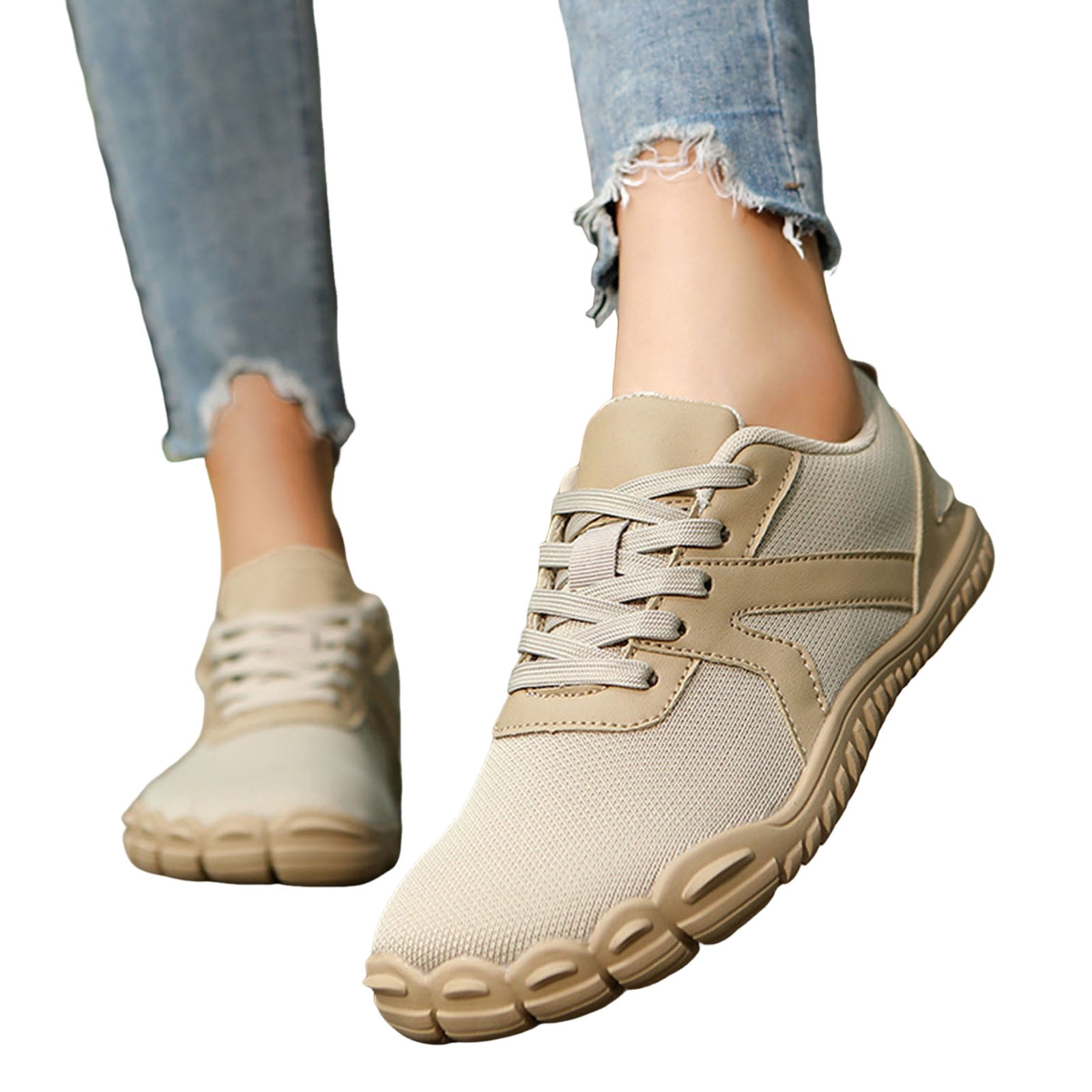 Barefoot Shoes Women Men Wide Toe Box Sneakers Mesh Lace up Running Hiking Shoes Lightweight Workout Gym Footwear Khaki Size 9